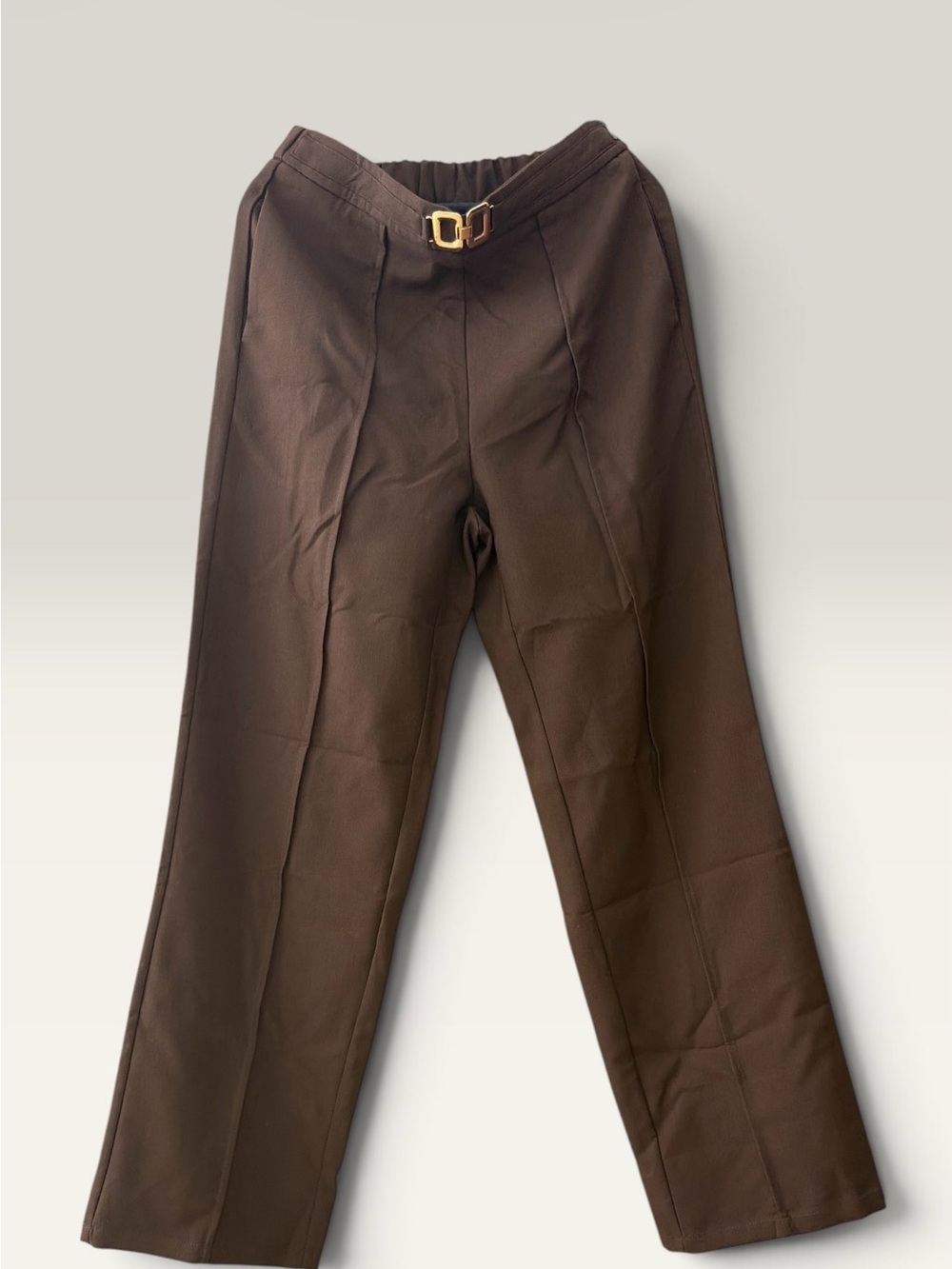 Commense Wide-Leg High-Waist Pants in Dark Brown with Gold Buckle - Picture 2 of 3
